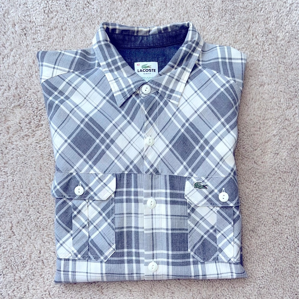Lacoste long sleeve grey and cream plaid button down. Size 42 slim fit